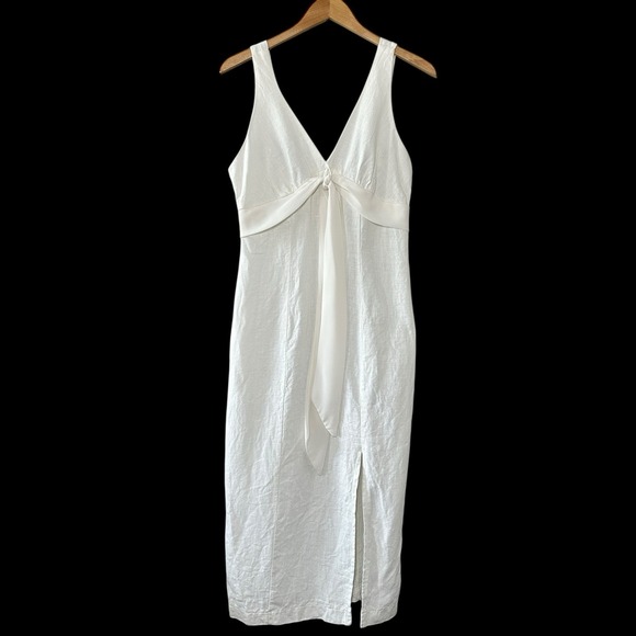 Vintage‎ Geraldine 100% Linen Midi Dress White Size 11 Tie Front Coastal Chic - Picture 1 of 12